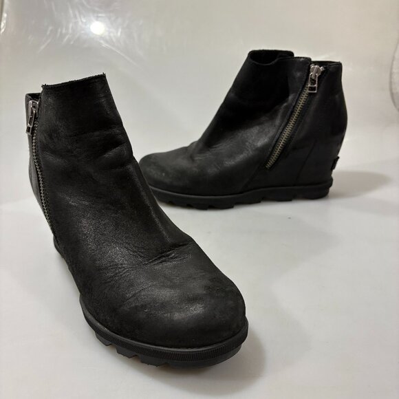 Sorel 10 Joan Of Arctic II Black Leather Zip Up Ankle Wedge Booties NL3364-010 - Picture 1 of 6